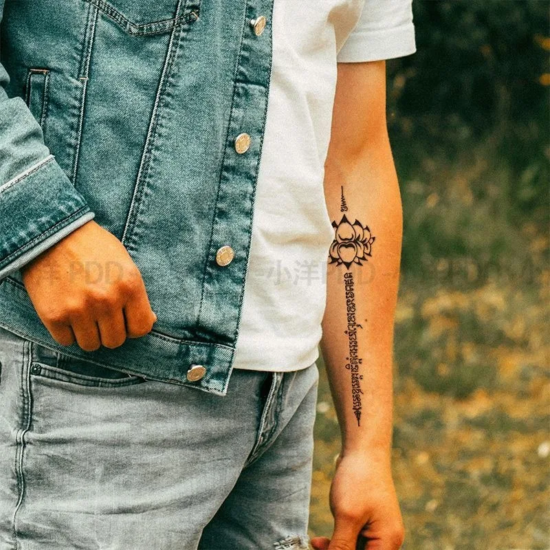 Herbal Lotus Temporary Tattoo for Woman Arm Shoulder Art Thai Sanskrit Fake Tattoo Waterproof Long Lasting Scripture Sticker