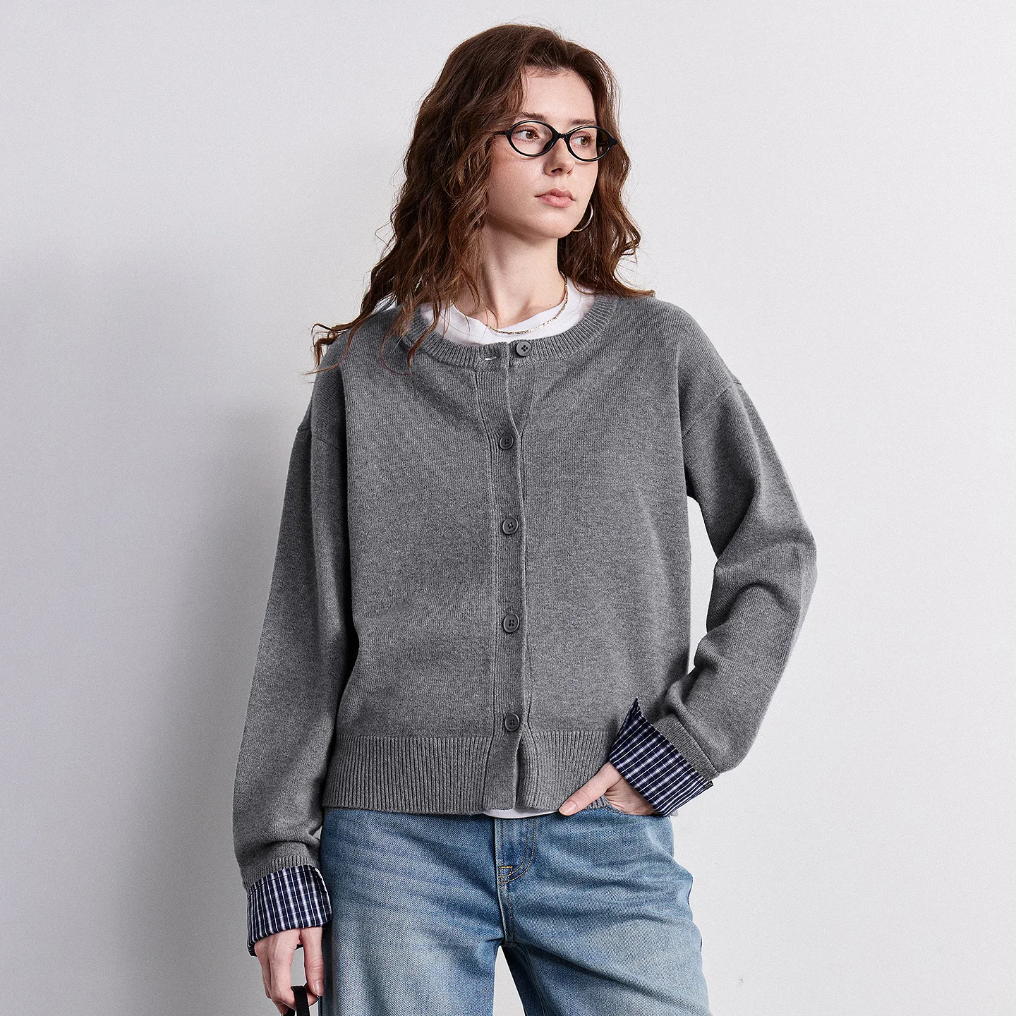 TOYOUTH Women Retro Grey Knitwear 2026 Spring New Patchwork Plaid Two-Piece Waist Cinched Slimming Pullover Tops