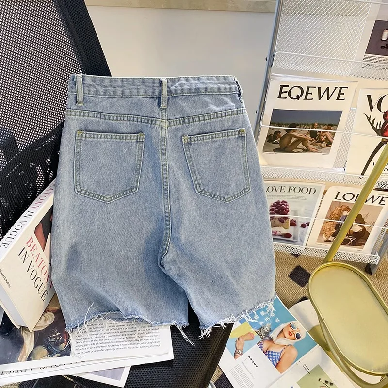 Pantalones vaqueros rasgados para mujer, pantalón hasta la rodilla, cintura alta, corte recto, estilo coreano, para ciclismo, verano, 2024