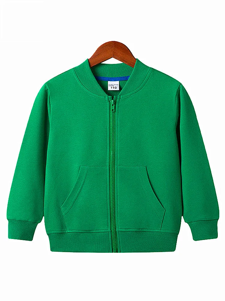Unisex Kinder Grüne Reißverschluss-Langarmjacke, Einfarbiger Baseball-Sweatshirt, Lässiger Cardigan mit Taschen für Jungen und Mädchen – Detail 3