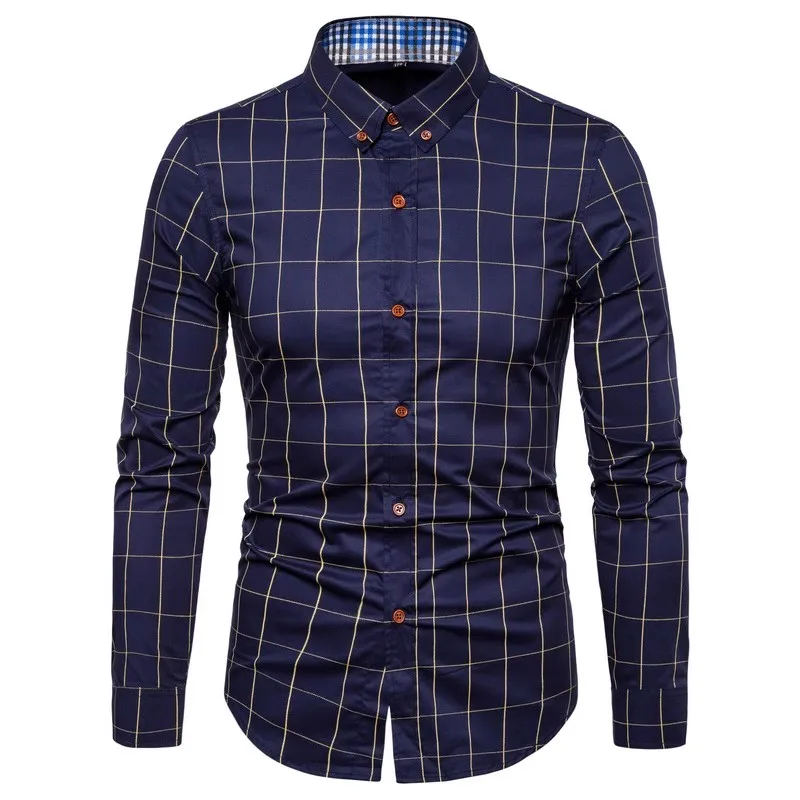 Men Shirt Plaid Print Long Sleeve Autumn Shirt Button Single-breasted Formal Top Mid Length Dress-up Men Business Shirt