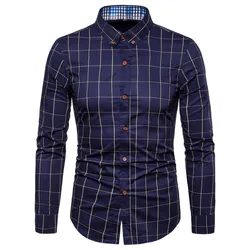 Men Shirt Plaid Print Long Sleeve Autumn Shirt Button Single-breasted Formal Top Mid Length Dress-up Men Business Shirt