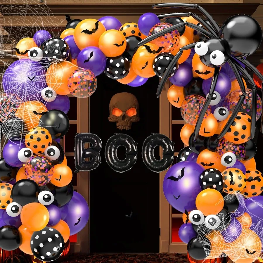 126 Pcs Halloween Balloon Garland Arch Kit Halloween Party Decorations Include Spider Web Bats Purple Orange and Black Balloons