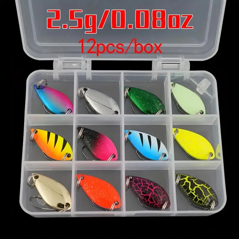12 stücke Box Kit Metall Löffel Angeln Locken Wobbler Casting Jigging Tackle Zubehör Pesca Chub Einzigen Haken Spinner Köder Forelle bass