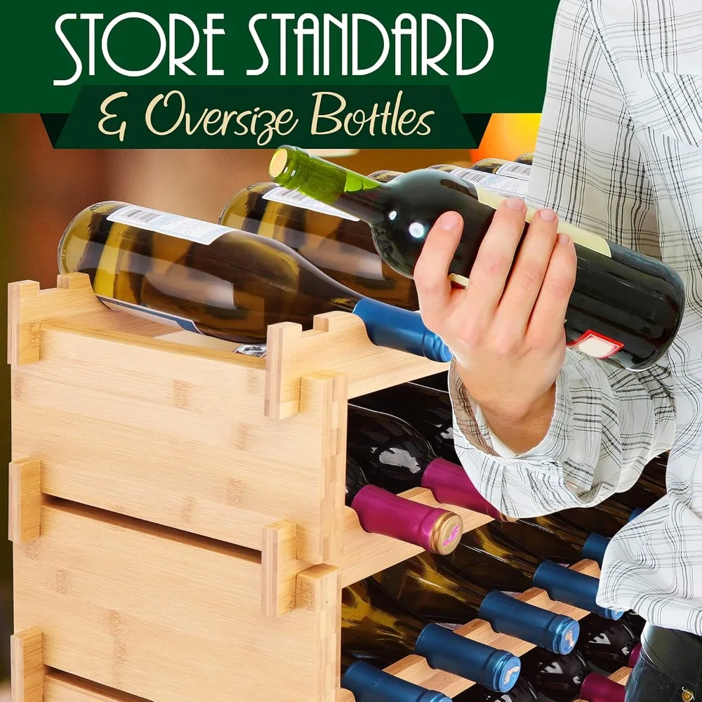 Bamboo Stackable Wine Rack, 4-Tier 36 Bottle Capacity Wine Racks Free Standing Floor, No Tools Assembly, Modular Storage