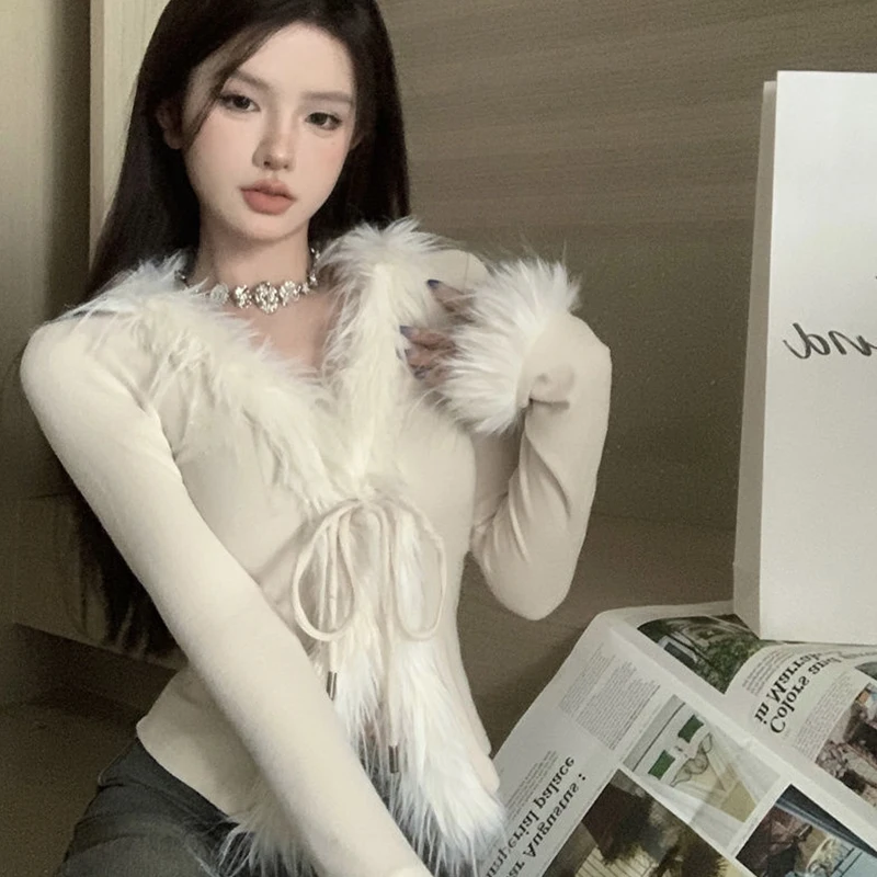 Korean Hot Girl Furry V-neck Long Sleeve Irregular Slim Short Sweater Cardigan