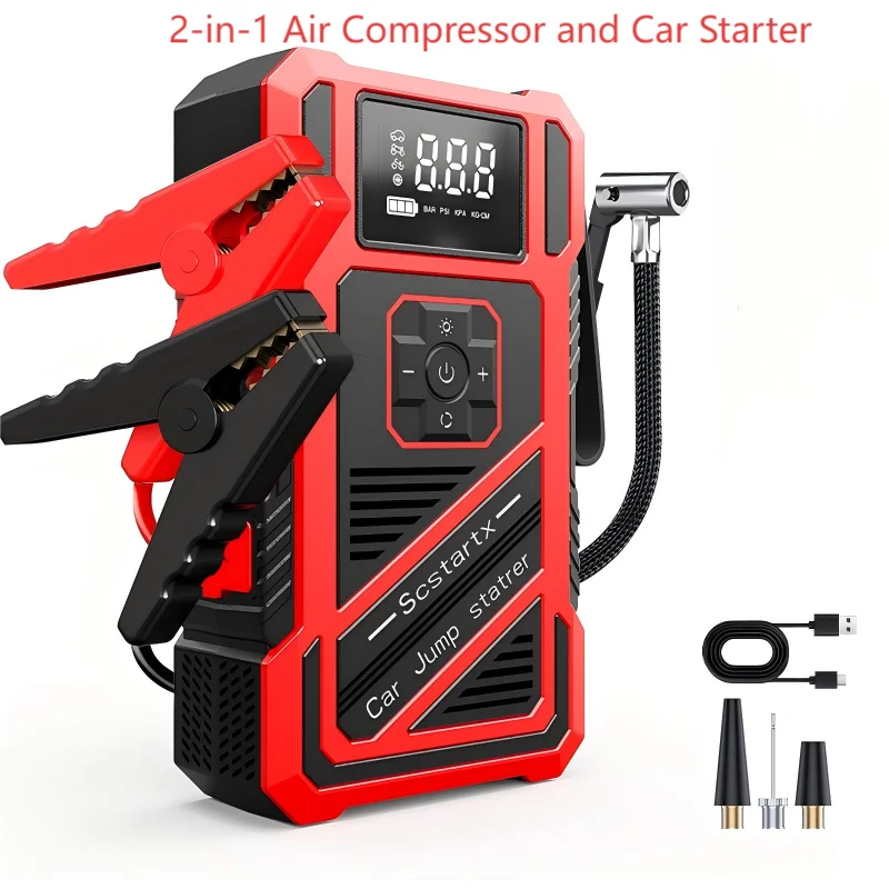 Arrancador de Coches 4 en 1 con Batería de 1300*4, Compresor de Aire Portátil de 150 PSI, Bomba de Aire Inteligente, Arrancador de Batería de Coche, Inflador de Neumáticos de Emergencia