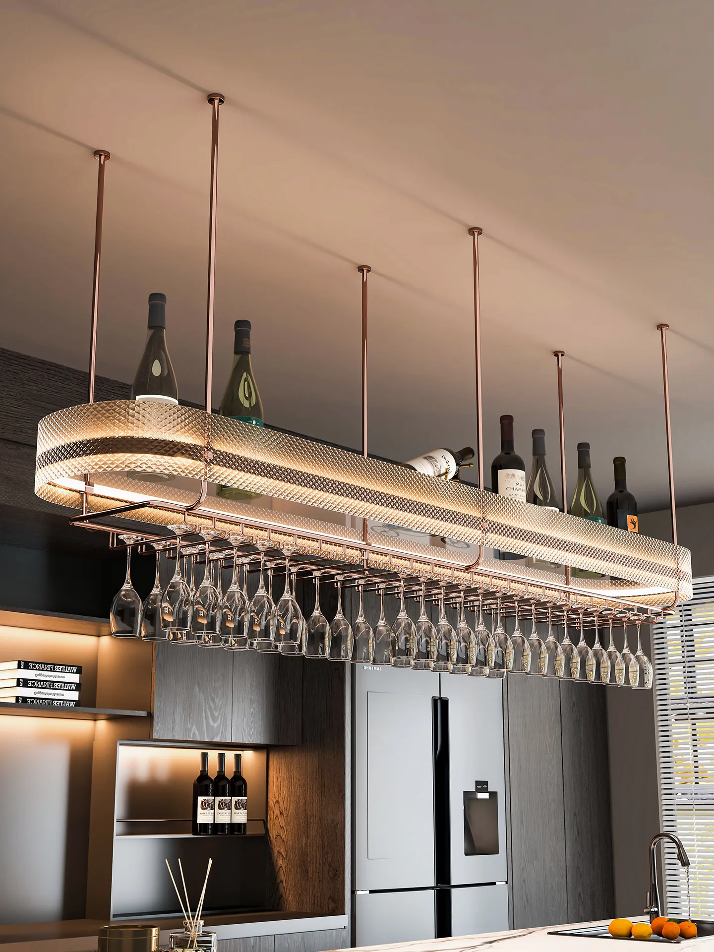 Stainless Steel Wine Bar Hanging Wall-Mounted Illuminated Glass Wine Cabinet Customizable Upside-Down Storage Shelf Red Wine