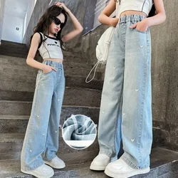 Wide-leg Pants Summer Thin Fashion 2024 Girls Light Jeans Wear Simple and Fashionable Girls Love Embroidered