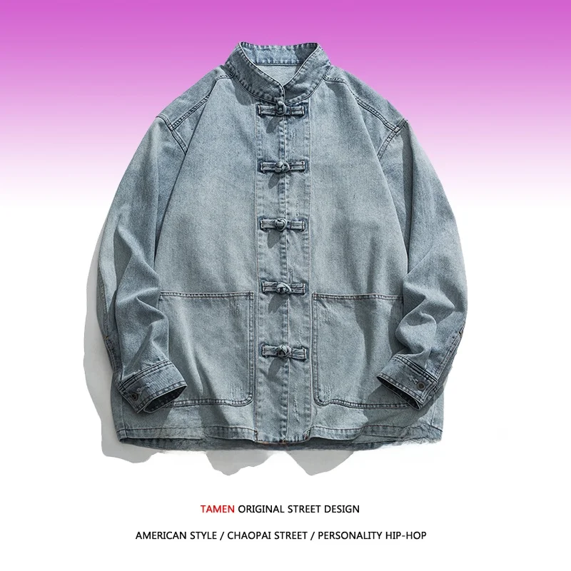 

New Chinese Sle Loose Fit Men's Workwear Jaet with Button Stand Collar Denim Top Waed Hanfu Tang Costume Outerwear