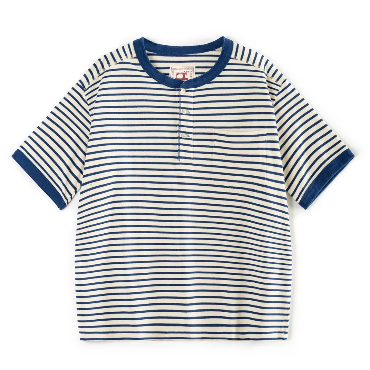 Huang's Weaving_Heavyweight Cotton Striped T-shirt American Retro Henry Collar Striped Half Sleeve Sailor Shirt Classic Washed