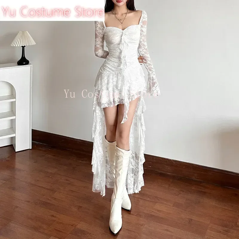

Goth Dark FairycoreLace Flare Sleeve Square Neck A-line Dress Sweet E-girl Irregular Long Hem Dresses Cyber Y2K Party Yu Costume
