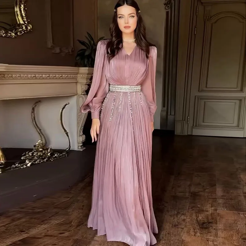 

2026 European and American sexy women's cross-border new fashion V-neck pleated chiffon long sleeved big swing dress