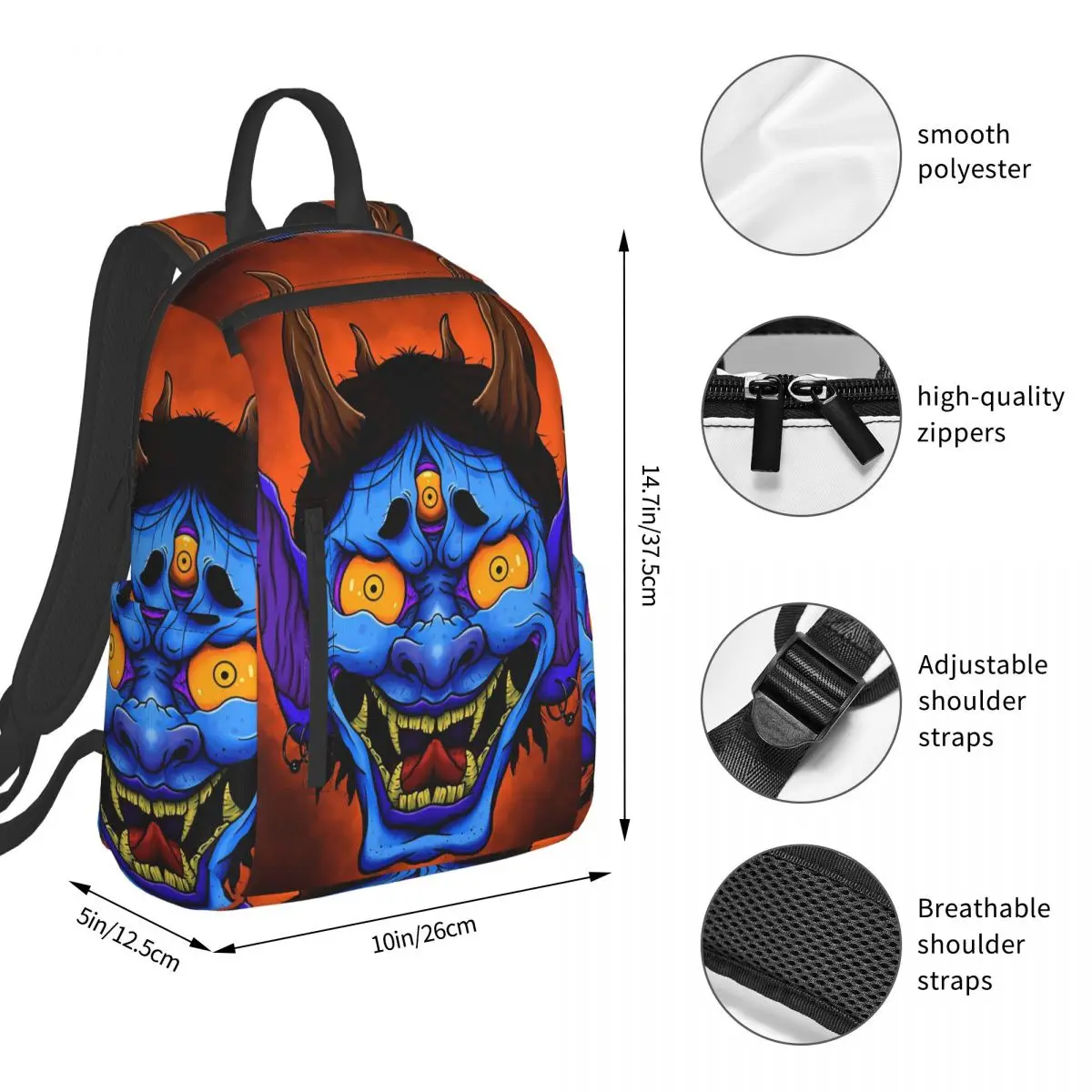 Oni Demon Gaiter Japanese Samurai Ronin Face Backpack Student BookBag Boys Girls School Bag Computer Shoulder Bags Men Women