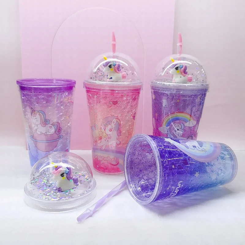 450ML Summer Unicorn Straw Cup Double Plastic Ice Cup Creative Drink Milk Tea Coffee Mug For Girls Smoothie Cups Iced Drinks Mug