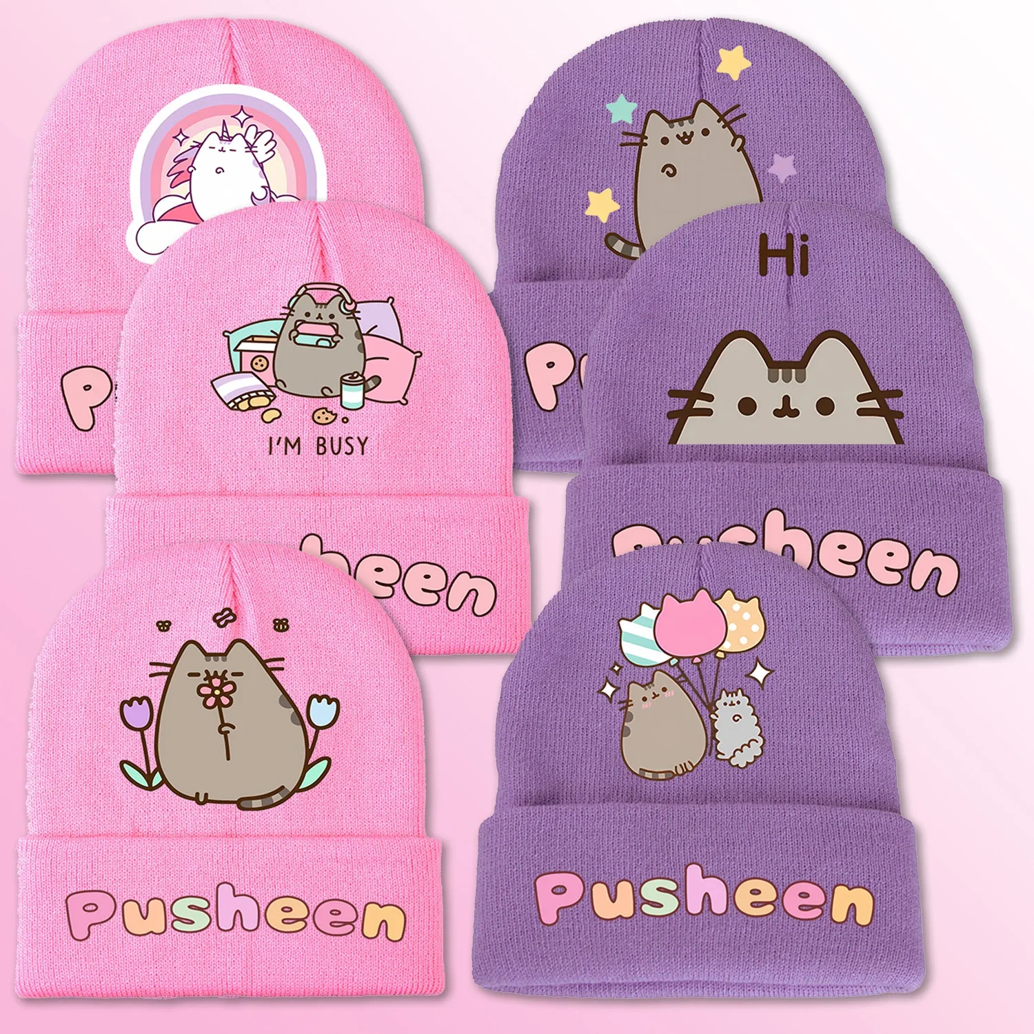 Pusheen Cat Knitted Hat Girls Autumn Winter Windproof Beanie Soft Keep Warm Anime Printed Cap Children Women Casual Accessories