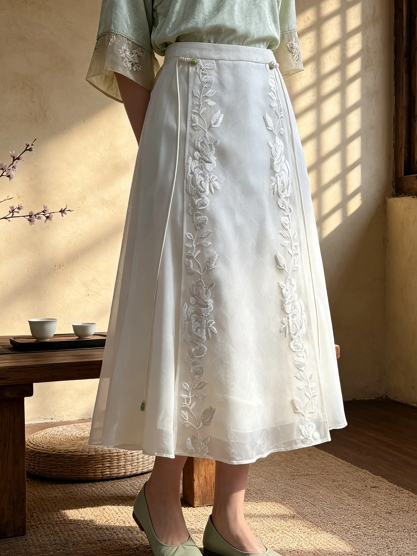 New Chinese Style Commuter Embroidered A-Line  Skirt Women's White Midi Skirt Slimming Versatile Cold Tone Button Detail