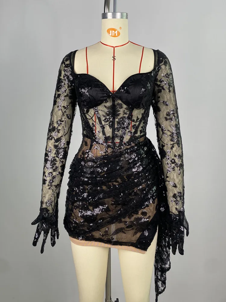 Women Summer Sexy Long Sleeve V Neck Sequins Black Lace Mini Dress 2024 Elegant Party Evening Stage Performance Dress Vestido