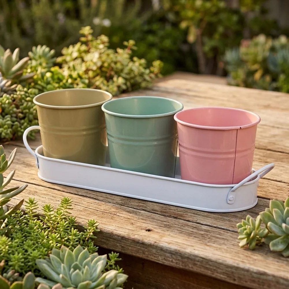 2 Set Metal Flower Pots with Trays for Herb Plants Windowsill Balcony For Garden Indoor Outdoor Rustic Metal Design