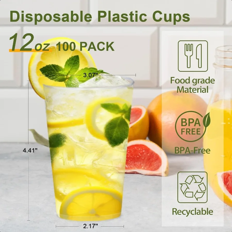 100個入り 12オンス クリアプラスチックカップ 透明プラスチックカップ おしゃれな透明プラスチックカクテルカップ 結婚式 感謝祭 クリスマスパーティー用