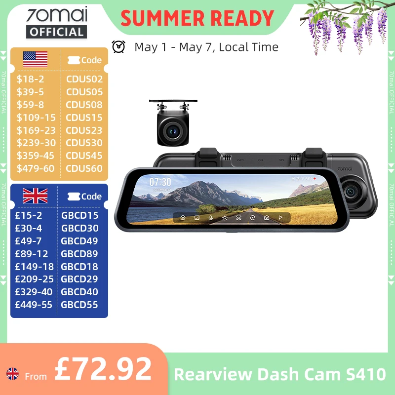 70mai Rearview Dash Cam S410 9.35" Mirror Display Front 2K Rear 1080P F1.55 Aperture Supercapacitor 24/7 Protection 70mai S410
