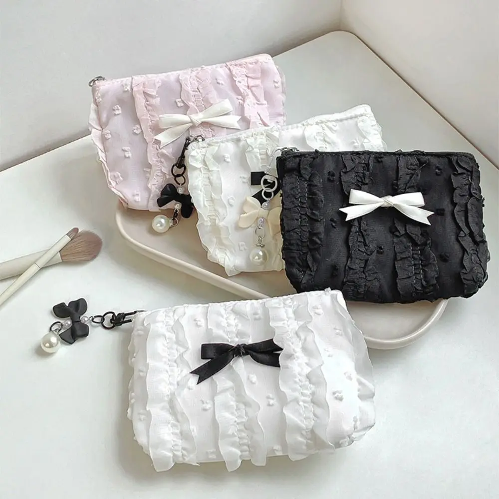 Cute Bow Girls Storage Bag Solid Color Soft Coin Purse Large Capacity Lipstick Headphone Bag Lace Clutch Bag