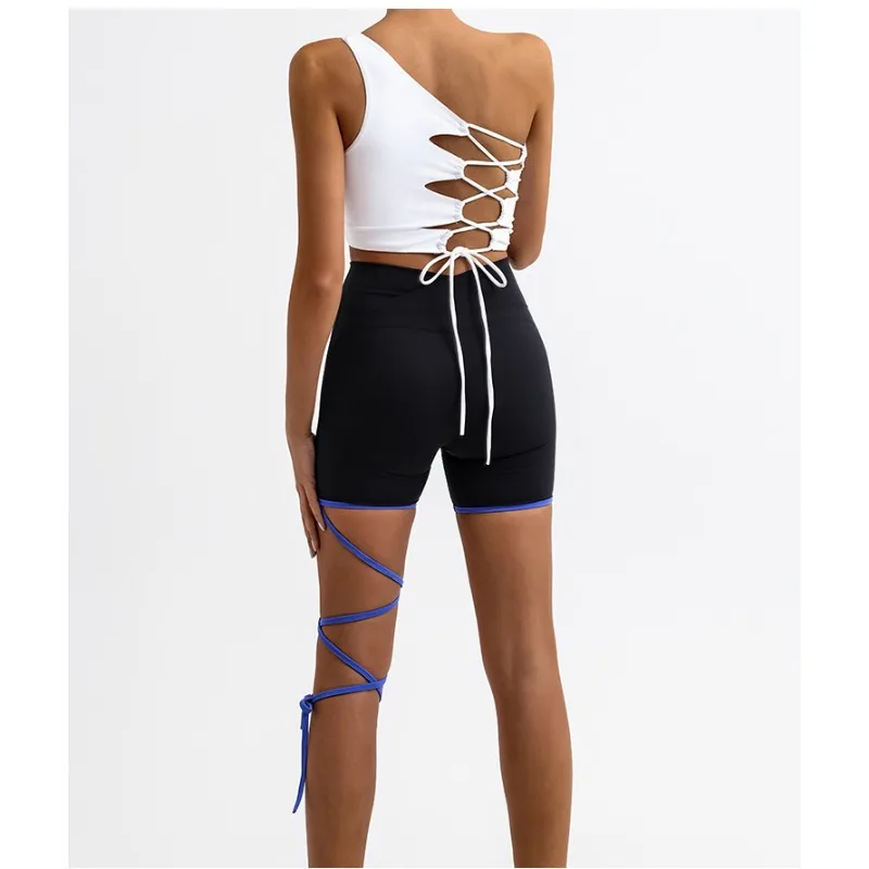 Irregular One Shoulder Hot Pants, Beautiful Back Lace Up, a Chest Cushion, Exercise, Fitness Vest, Three Part Training Pants