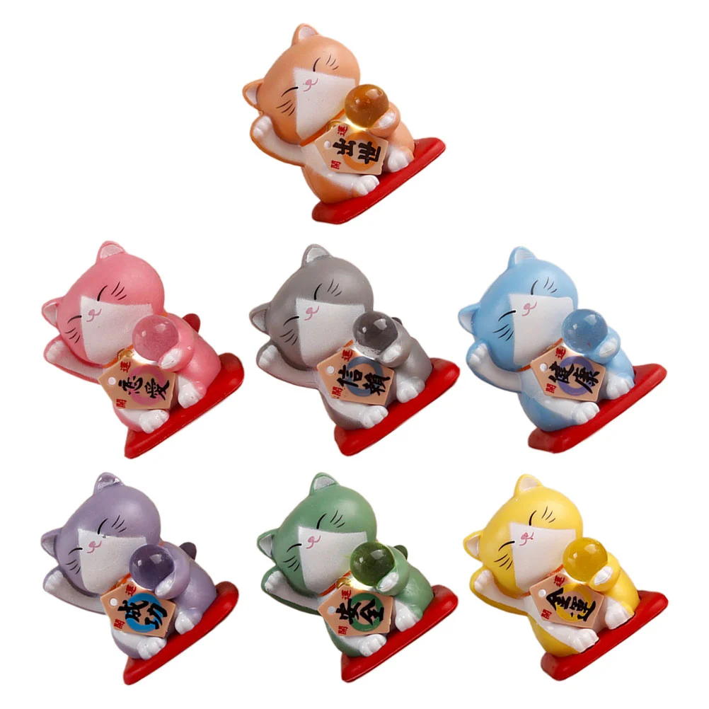 7 Pcs Decor Mini Lucky Cat Adorable Figurine The Ornament Animal Sculpture Fortune Miniatures