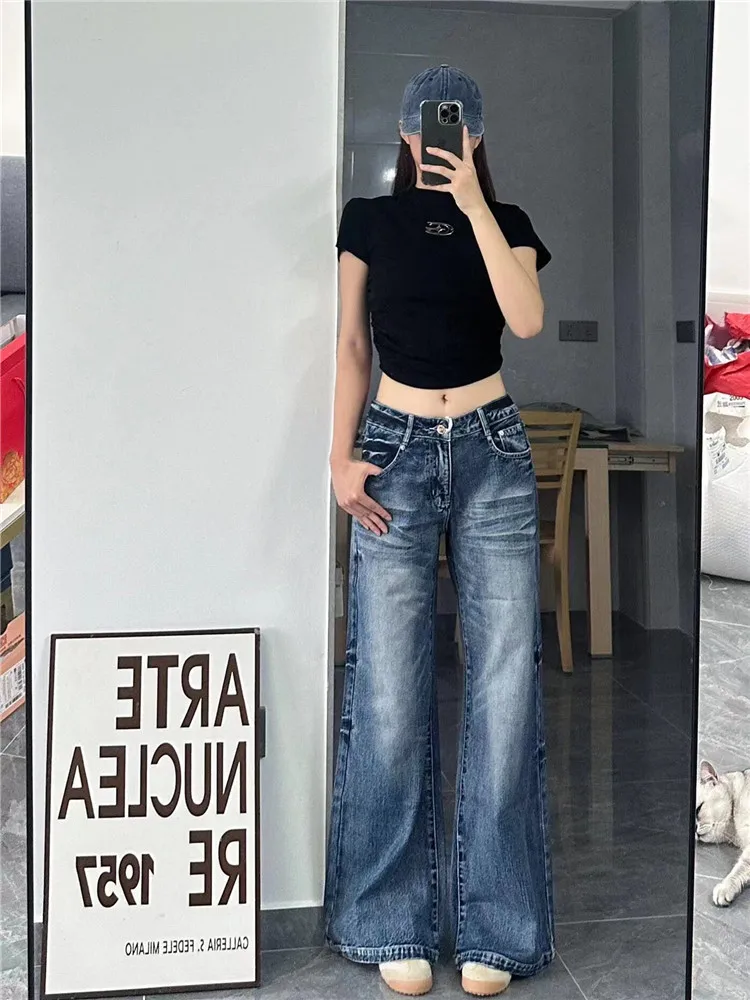 

Low Waist Extended Length Bell Bottom Jeans Women's Loose Slimming Spring Autumn Washed American Retro Floor Length Pants