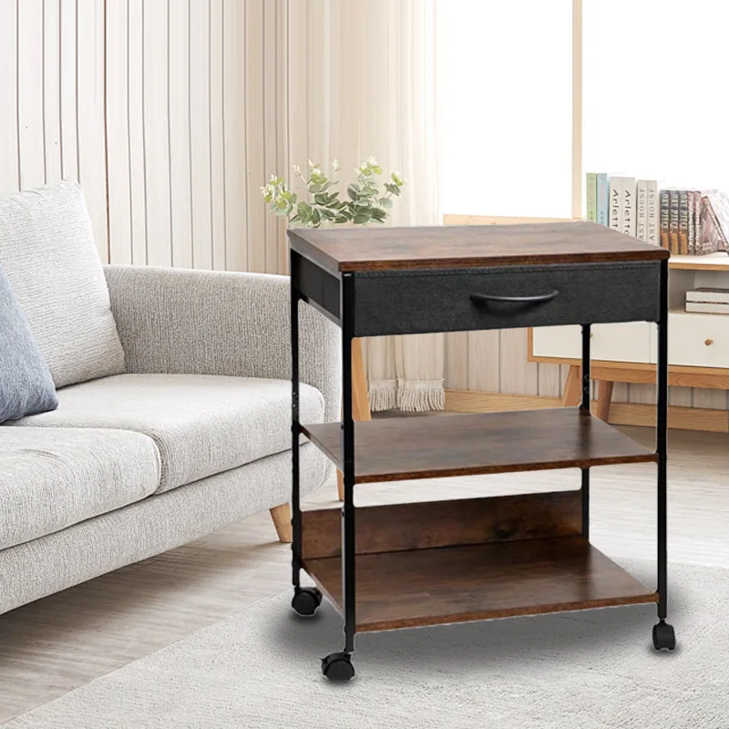 combined shelves, removable trolley in household living room, storage rack with drawers at the bedside of the bedroom
