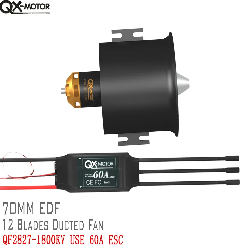 UniFlyQX-Motor 70mm EDF 12 Blades Ducted Fan QF2827 Brushless Motor With 60A / 80A ESC For FMS RC Remote Control Toy Airplane