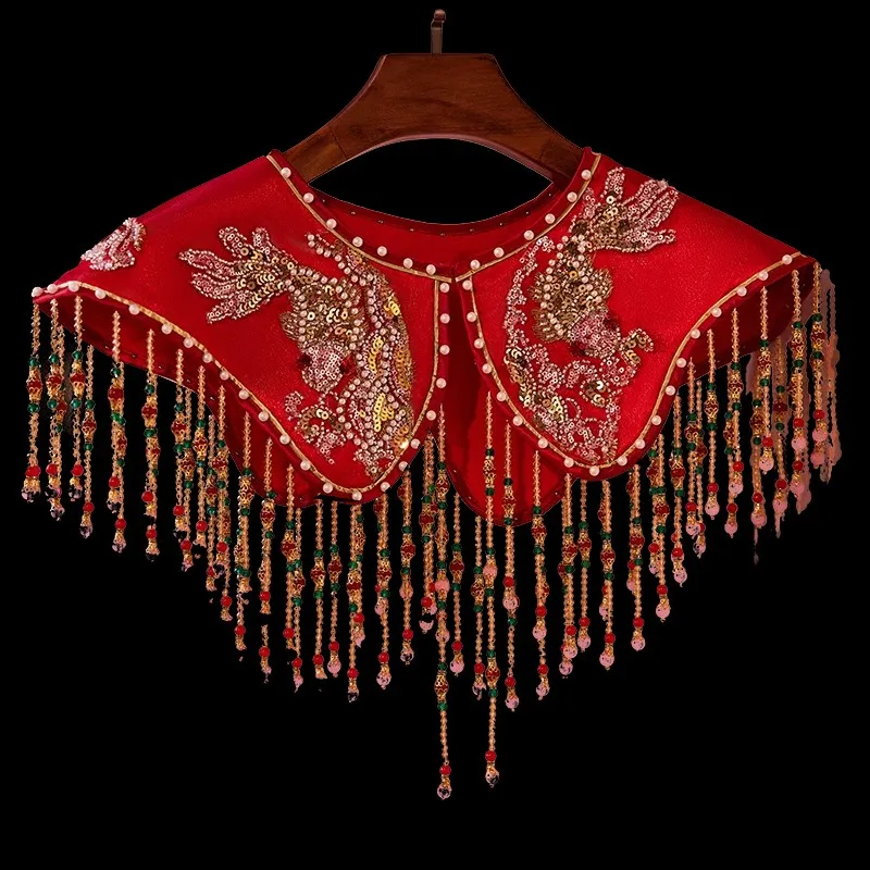 Women's Spring Autumn Vintage Beaded Embrodiery Wine Red Tassel Pashmina Female Winter Shawl Cloak Collar R892