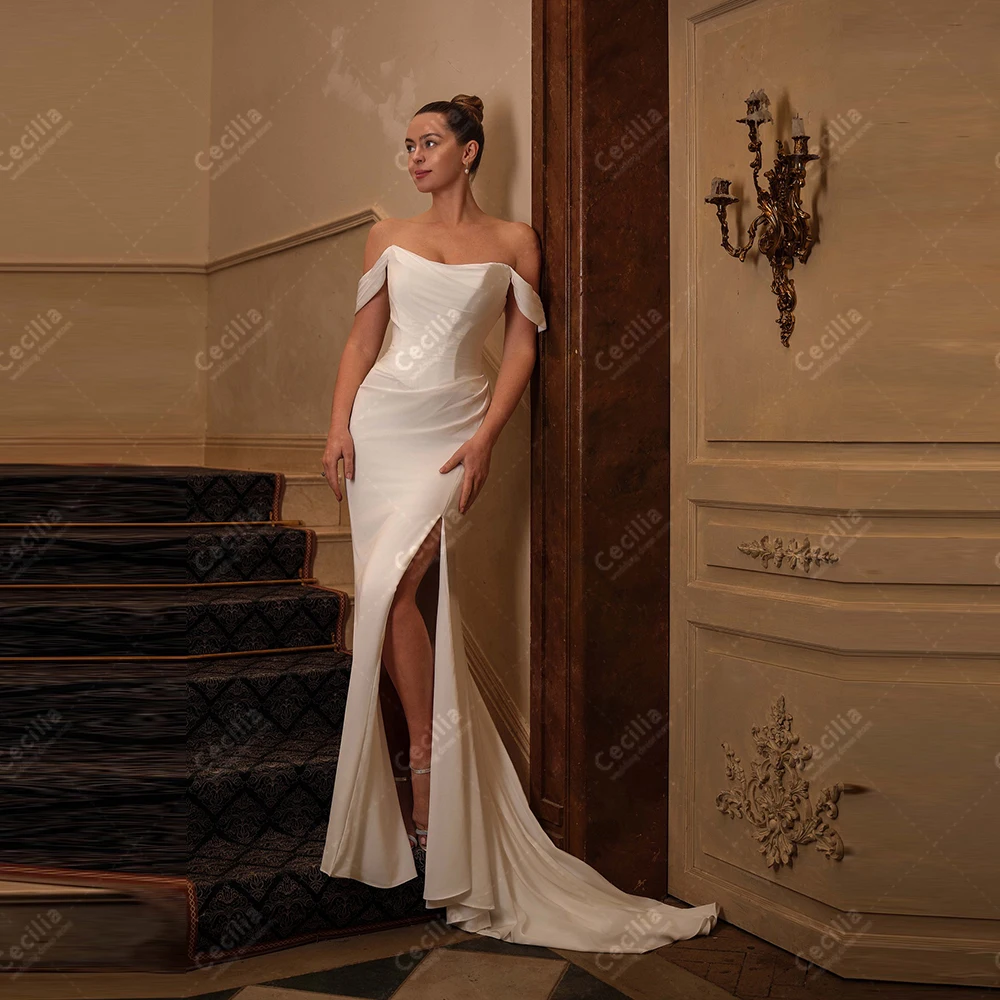 

Простые свадебные платья Атласные свадебные платья с открытыми плечами Халаты для официальной вечеринки Сексуальные платья с высоким разрезом по индивидуальному заказу Vestidos De Novia