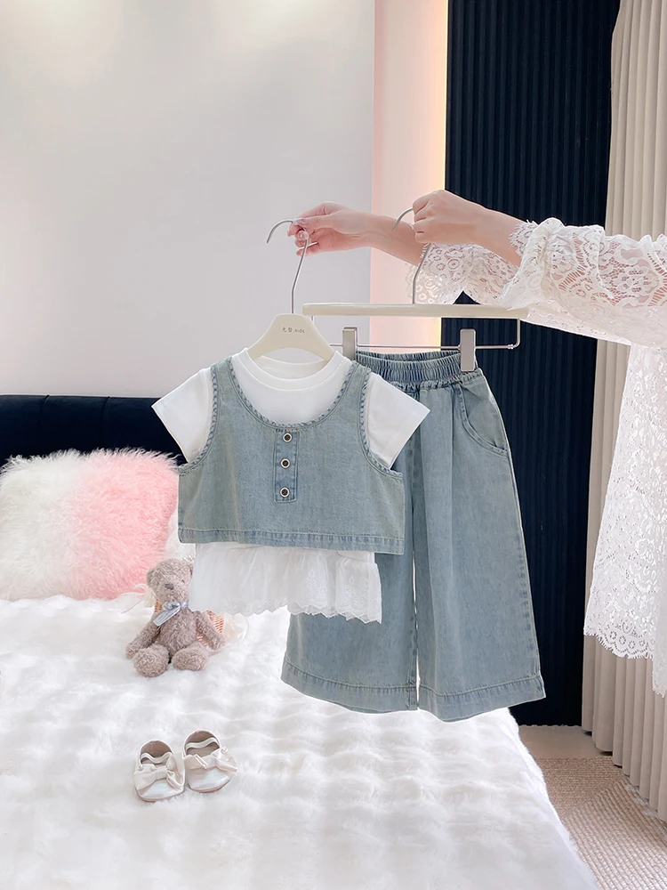 

Летний комплект одежды для девочек: модный джинсовый наряд в корейском стиле, детский костюм с брюками