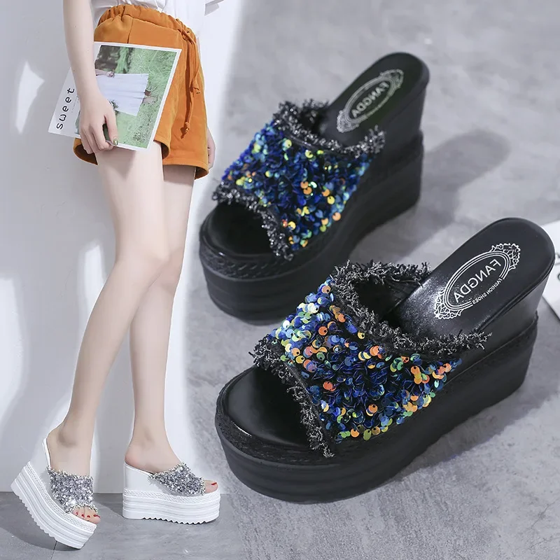 Women Wedges Slippers Super High Heels Plus Size Female Casual Slides Comfortable Platform Sandals Crystal Ladies Summer Shoes