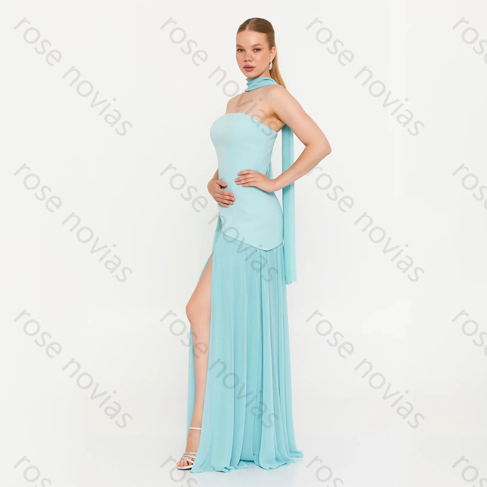 Alta qualidade simples vestidos de noite chiffon para até o chão sem alças sem mangas vestido de baile fenda vestidos de fiesta personalizado