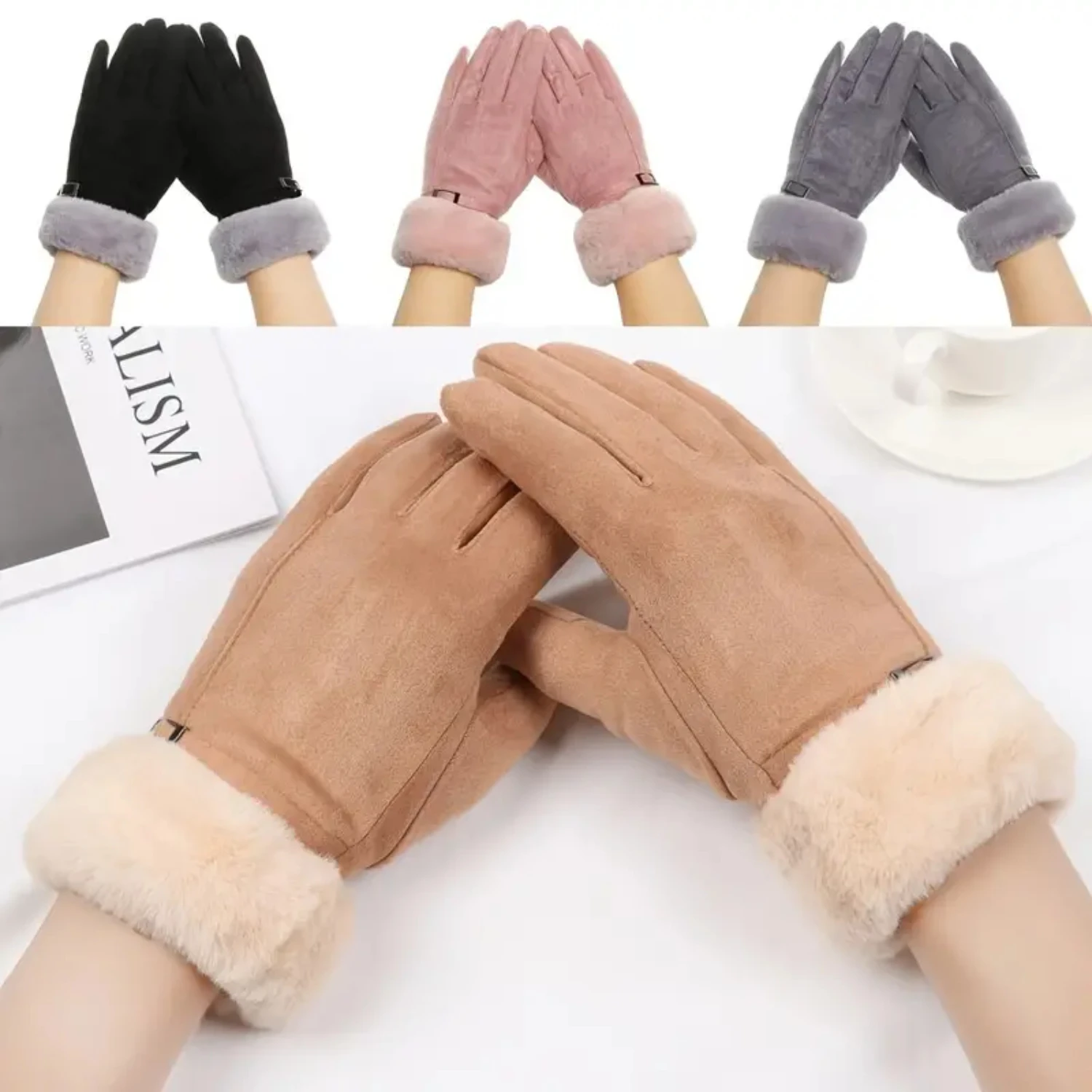 Fashion Women Winter Faux Fur Touch Screen Gloves Thicken Warm Windproof Cashmere Mittens - Stay Stylish & Cozy on Ski Sessions 