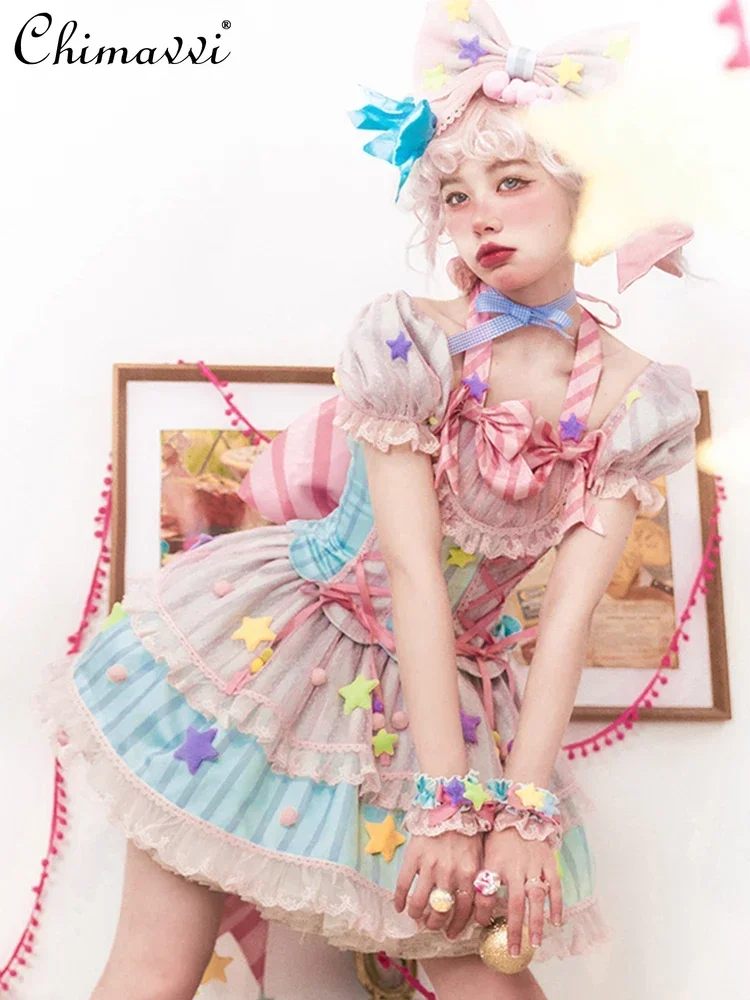 Japońska słodka dziewczęca sukienka księżniczki Lolita truskawkowe gwiazdy kokardka OP sukienka kobiety Kawaii Cosplay powyżej kolan urodziny Y2k sukienki