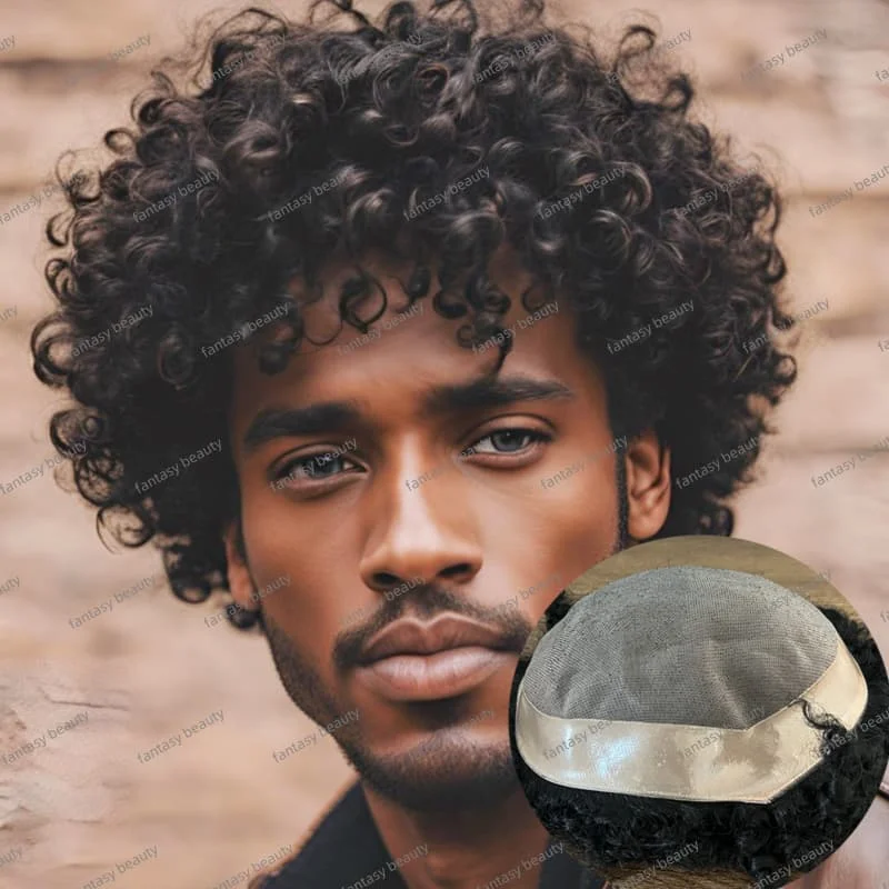 Durable 10mm 15mm 20mm afro América rizado hombres peluquín 100% pelucas de cabello humano indio Natural para hombres fino mono y pu base peluca de hombre