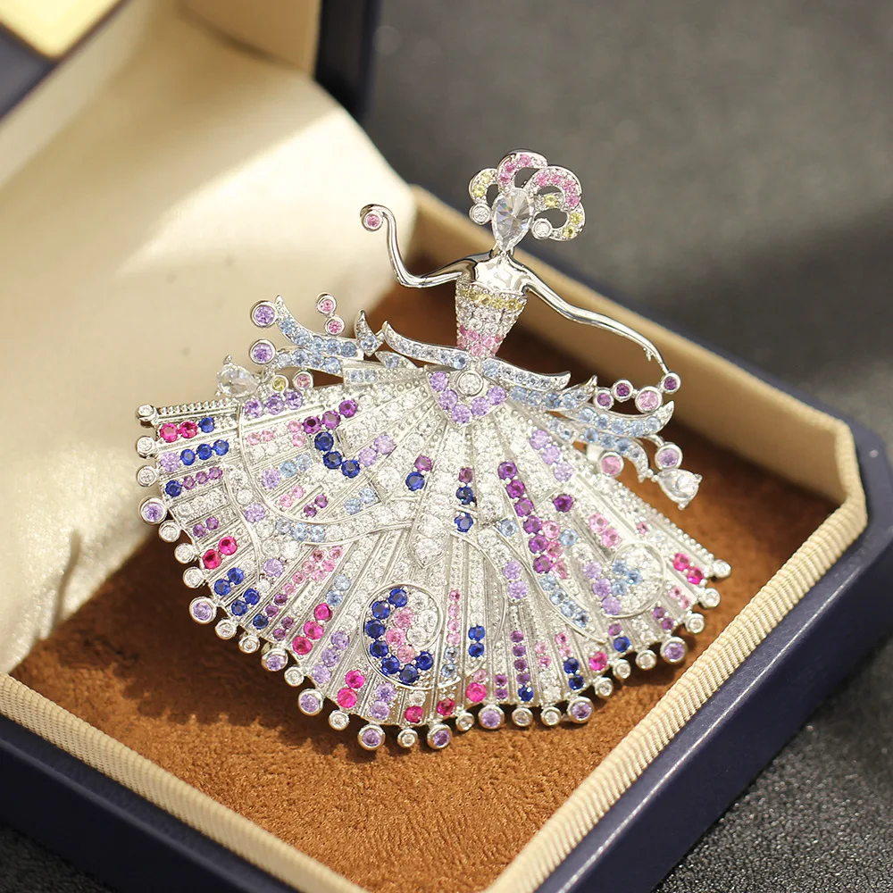 Heavy Industry Modern Ballet Dancer Brooch Light Luxury Color Diamond Modern Girl Pin Jacket Coat Accessories
