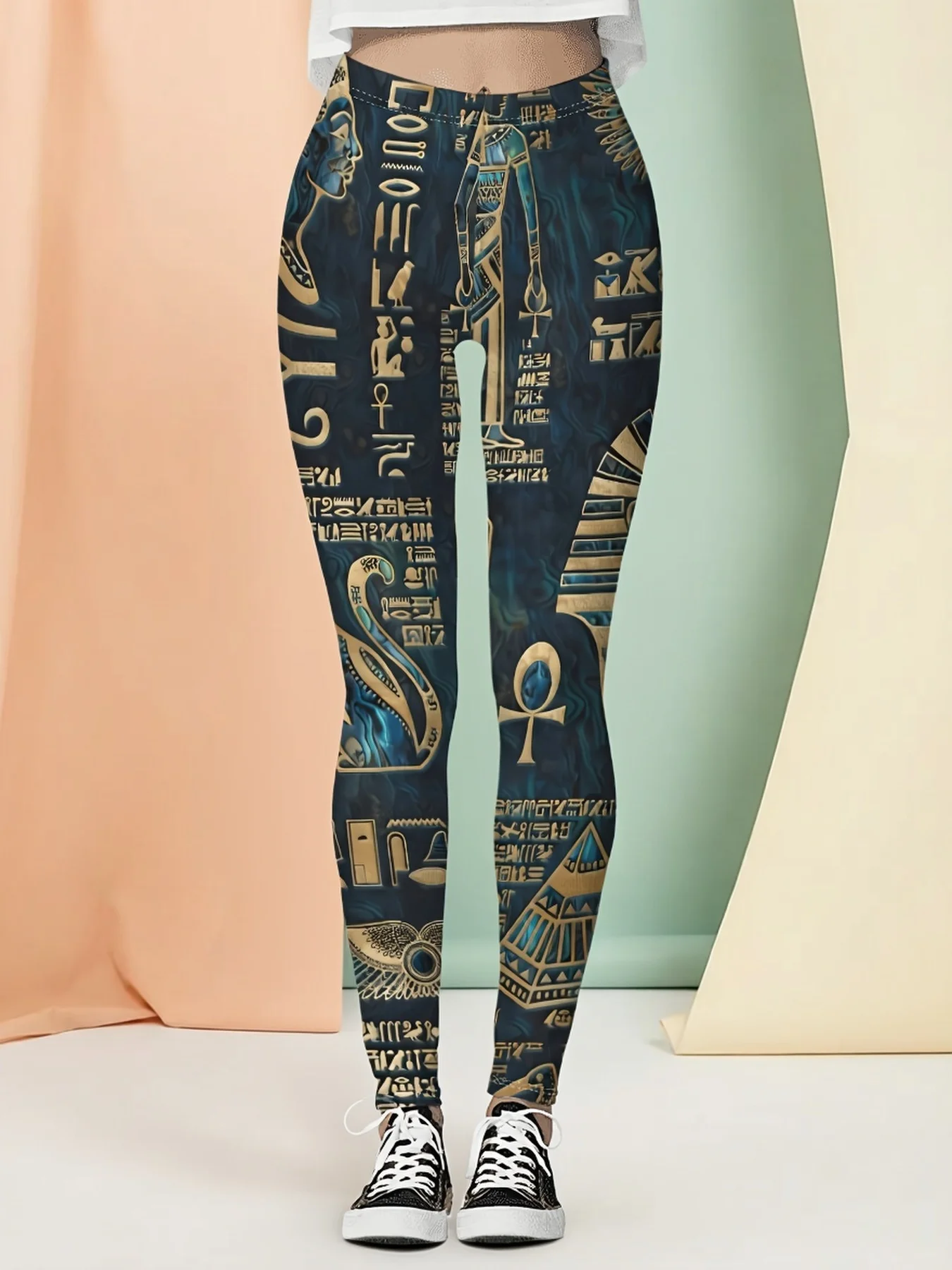 Women Mid‑Waist Fleece Lined Leggings, Ancient Egypt Hieroglyphs Retro Print, Slim Warm Ethnic Street Casual Daily Pants