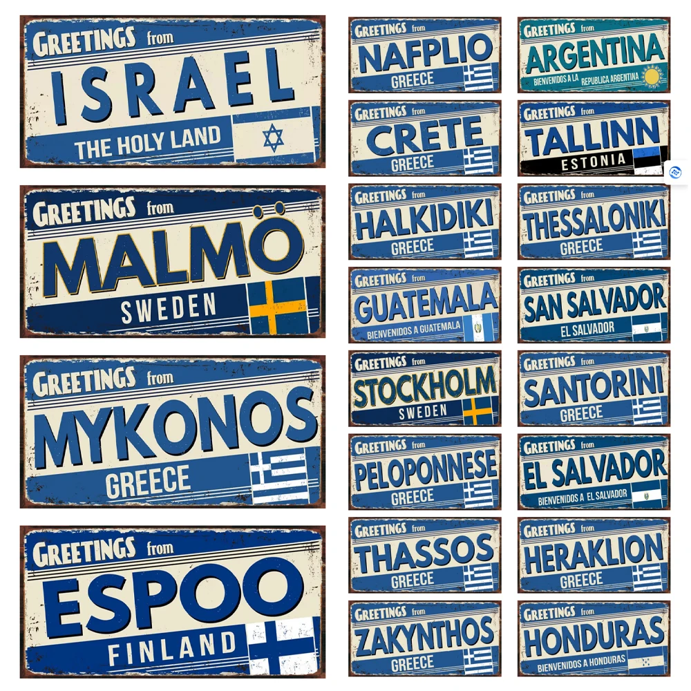 【YZFQ 】Greetings From Greece Sweden Finland Metal Tin Sign Vatage Plate Retro Wall Art Home Decor 30X15CM KL-0201A