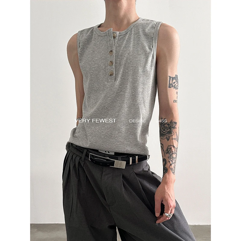 Summer Men Sleeveless Henley Collar T Shirt Slim Fit Korean Fashion All-match Sexy Tank Tops Black White Grey Street Photography