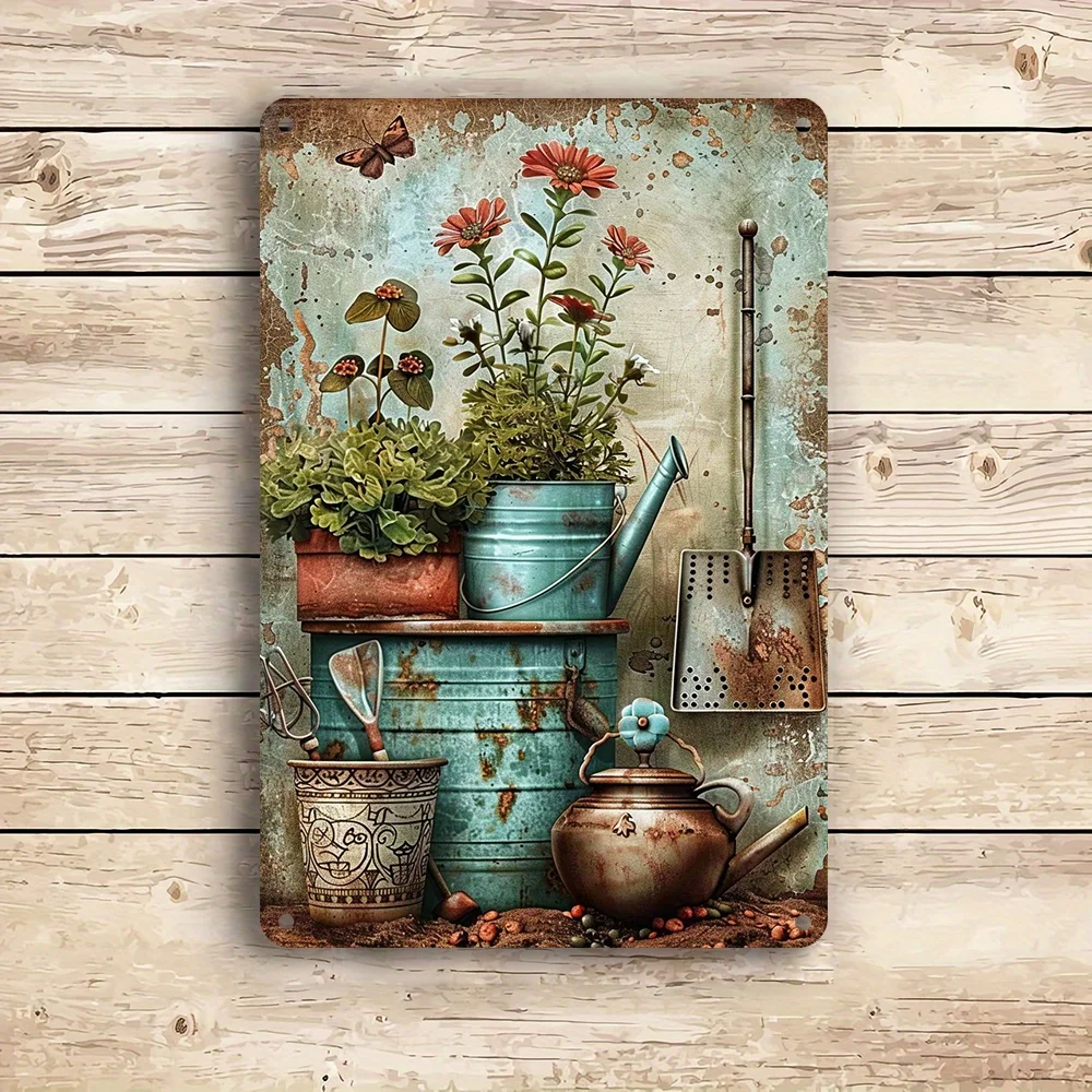 (2D-Blechmalerei) Vintage wiederverwendbare Metallschilder mit Vintage-Gartengeräten und Topfpflanzen-Design, geeignet für Häuser und
