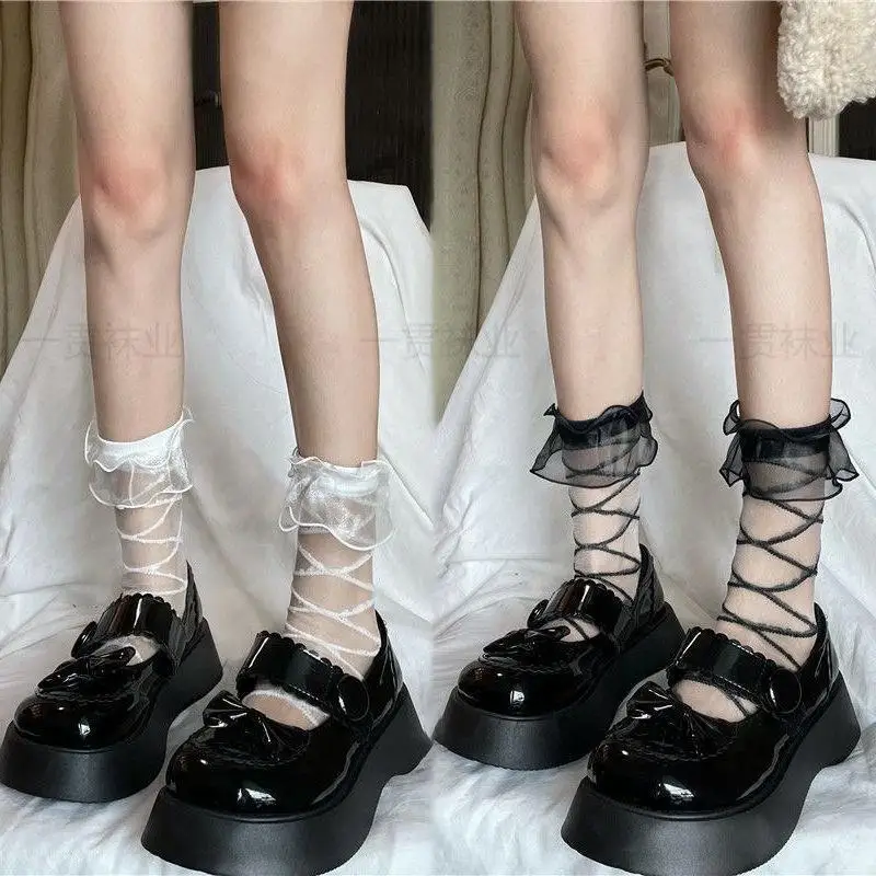 

2 Pairs Lolita Maiden Mid-Tube Tide Day System Black And White Personality Organza Lace Pure Desire Fashion