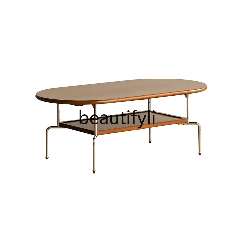 

11zSolid wood coffee table small apartment retro minimalist ins stainless steel oval tea table