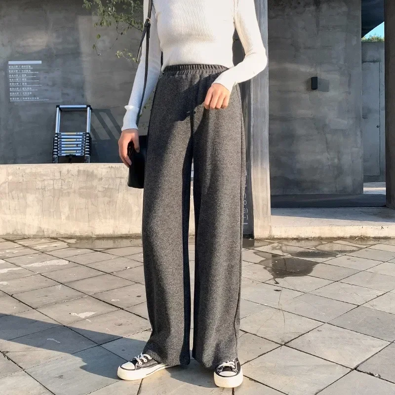 

Korean Casual Knitted Wide Leg Pants Women Autumn Winter Warm High Waisted Loose Straight Trousers Solid Thicken Sweatpants Y2k