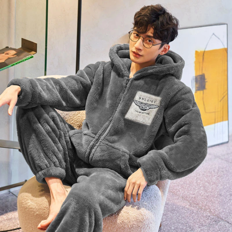 Men's Sleepwear Coral Velvet Winter Thickened Simple Hooded Zipper Flannel Winter Men's Homewear Set Can Be Worn Outside Pijamas