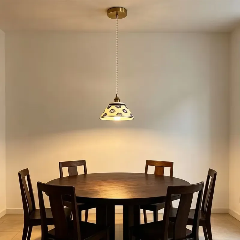 Retro Single Head Chandelier Blue Printed Lampshade Brushed Gold Iron Frame Ceramic Base Vintage Indoor Ceiling Light Fixture