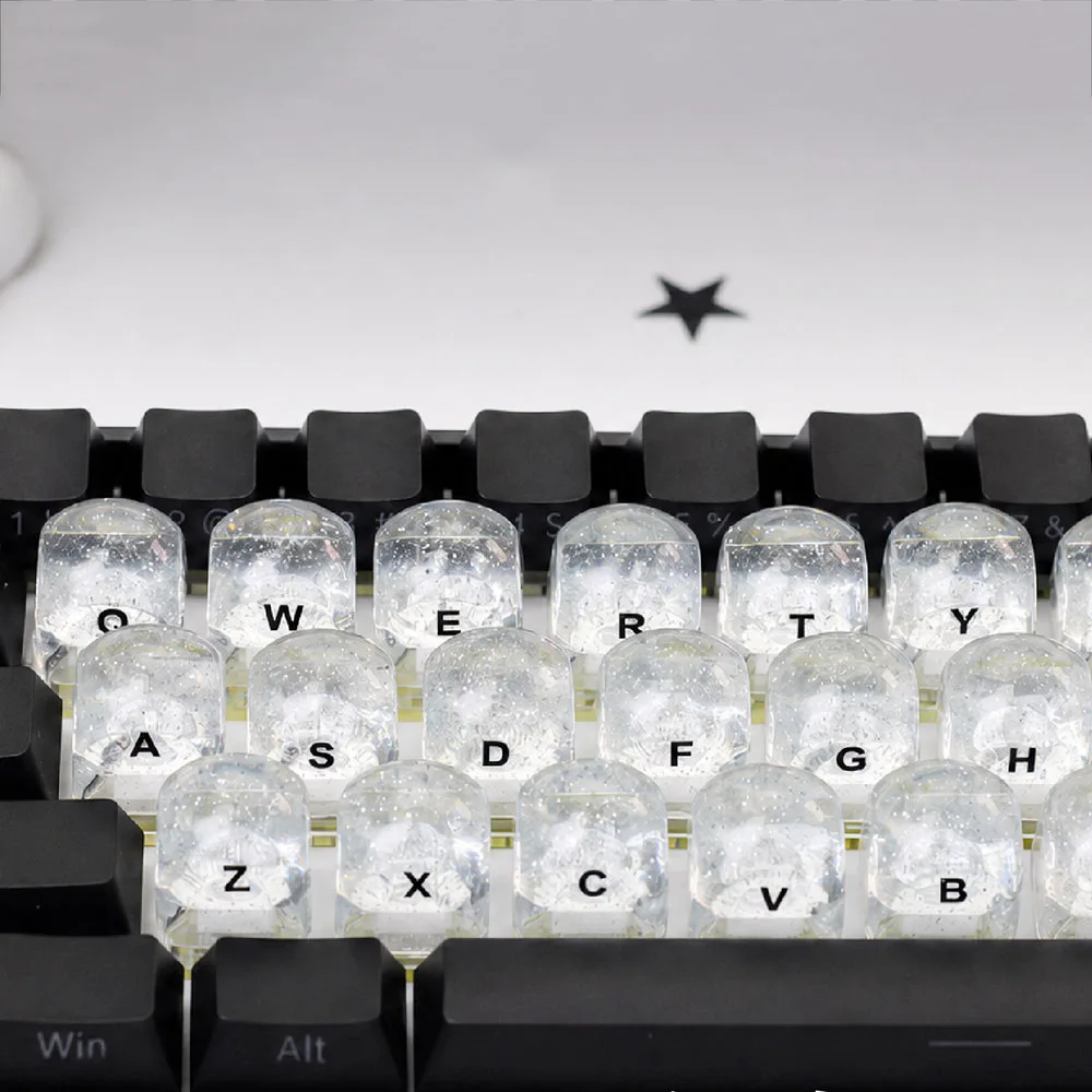 Starry Sky Crushed Ice Transparent Raised Keycaps for Long Nails Girls Universal Cross Axis Key Cap Mechanical Keyboard Decor